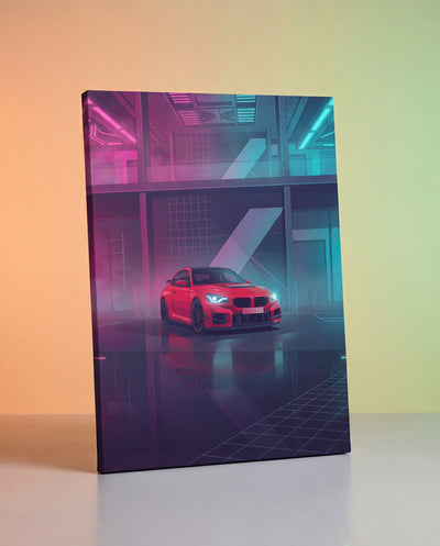 A vibrant red bmw sports car is depicted on a sleek, framed canvas print with neon pink and teal lighting effects.
