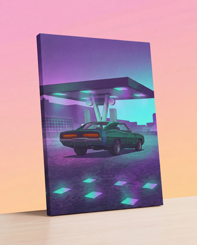 A vibrant canvas print featuring a green classic muscle car parked at a retro-futuristic gas station under neon purple and teal lights.
