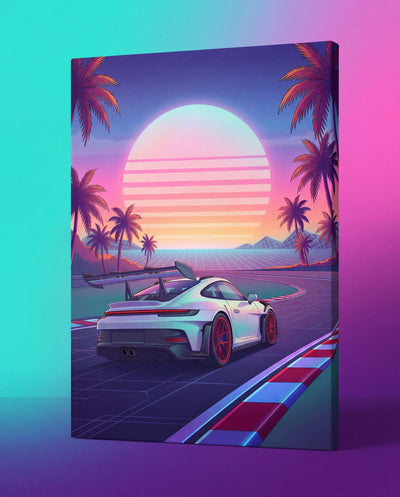 Nostalgic retro-futuristic canvas print featuring a white porsche 911 gt3 with red wheels speeding along a neon-lit racetrack under a gradient sunset.