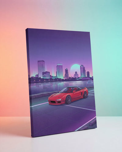 Nissan skyline r34 sports car canvas print with vibrant red body and neon cityscape backdrop.