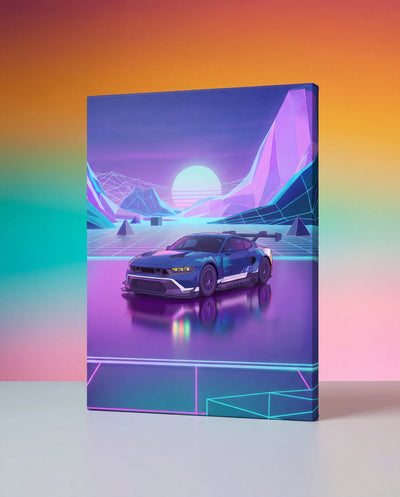 Vibrant neon-blue sports car depicted on a rectangular canvas in a retro-futuristic landscape with geometric mountains and glowing lines.
