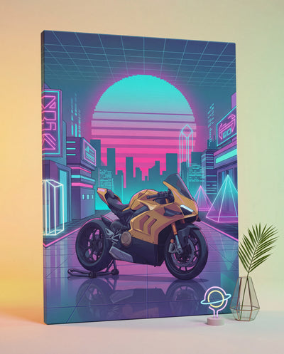 A vibrant neon-pixelated canvas print featuring a gold and black sport motorcycle parked in a retro-futuristic cityscape with glowing pink, blue, and teal hues.