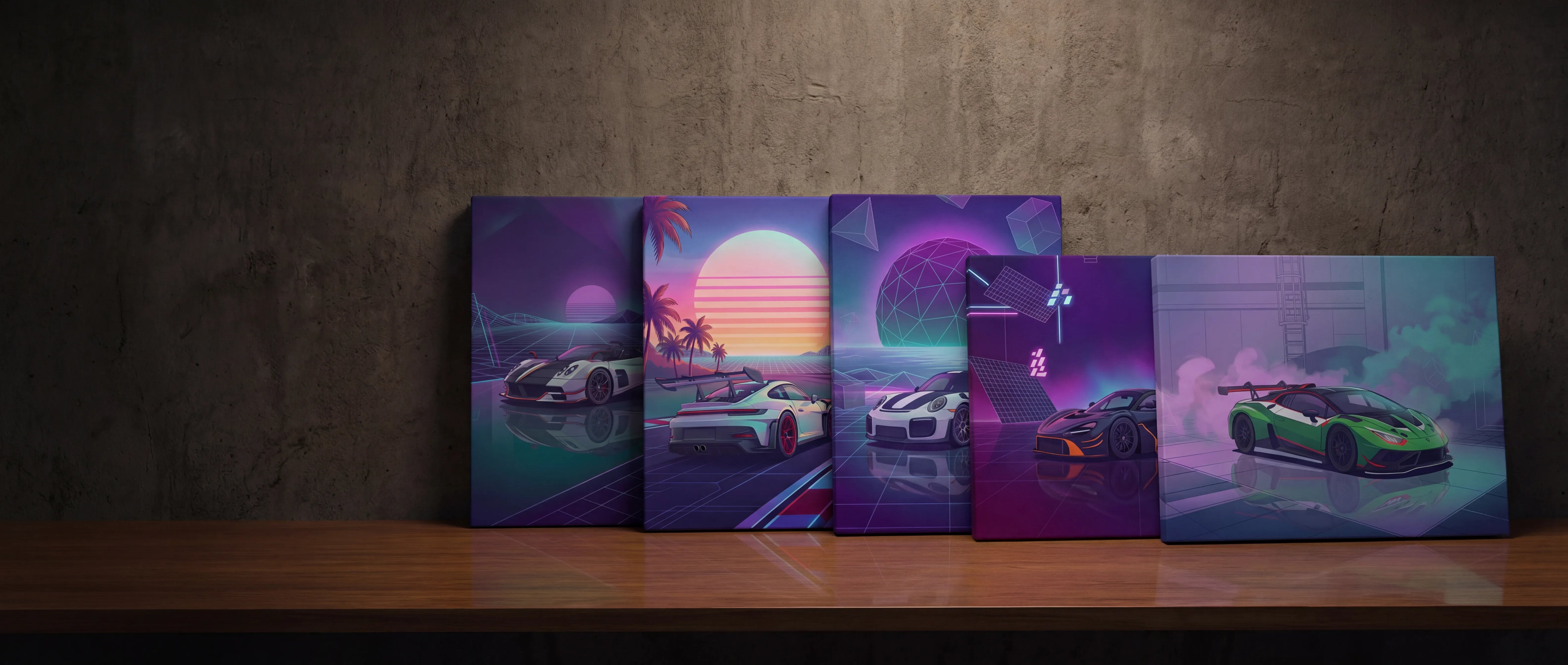Vaporwave Supercars Canvas Art Collection