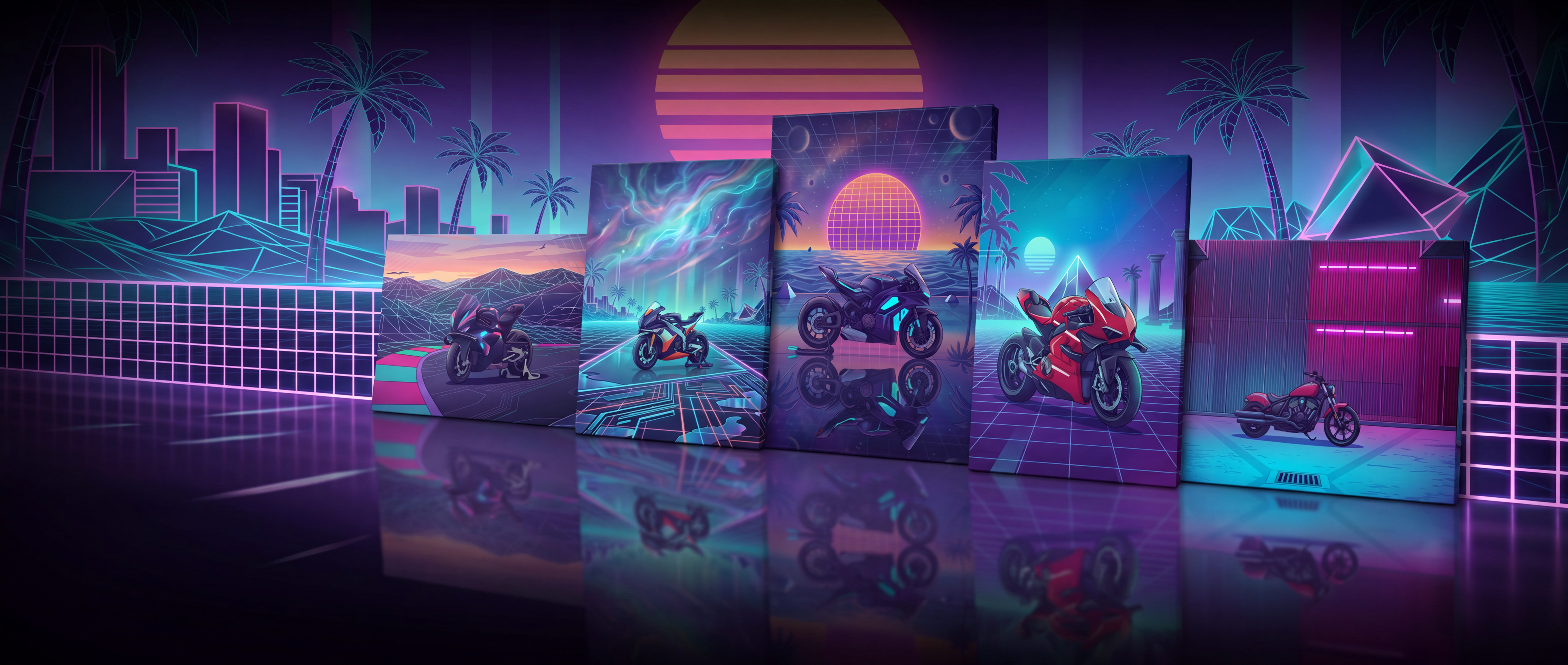 Vaporwave Motorcycle Canvas Art Collection