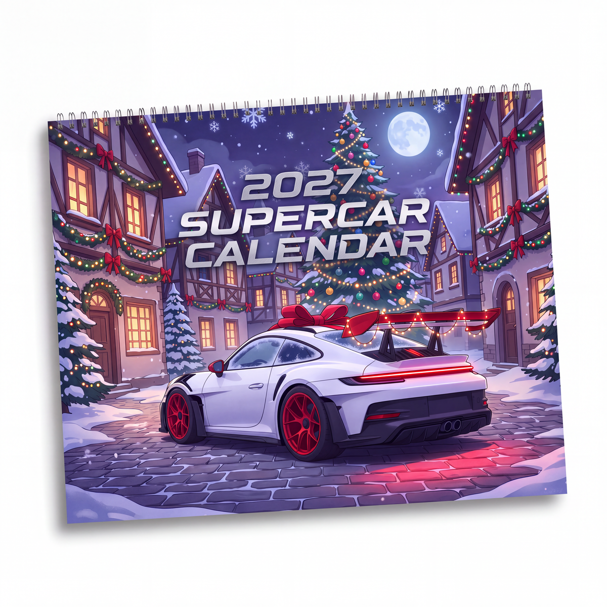 White porsche 911 supercar with red rims and rear spoiler featured on festive 2027 supercar wall calendar artwork