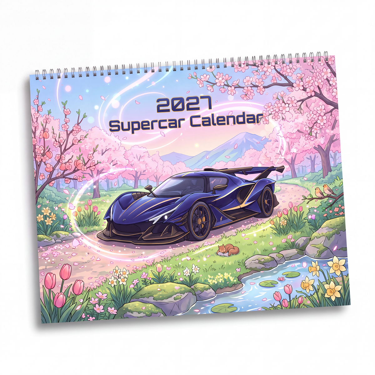 2027 supercar wall calendar featuring glossy blue hypercar illustration with pink cherry blossoms and spring scenery