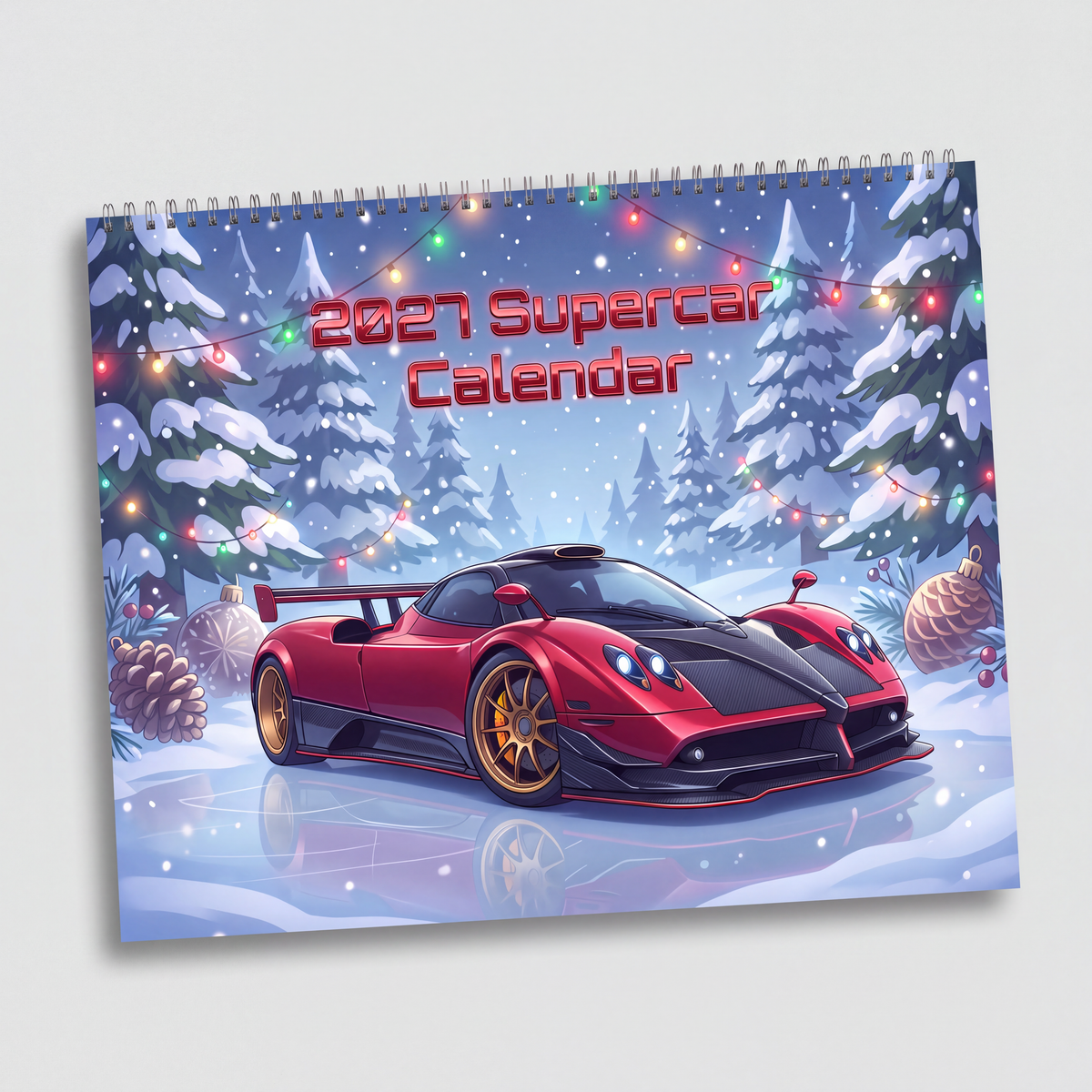 Red and black pagani supercar illustration on a 2027 spiral-bound wall calendar featuring exotic sports car artwork