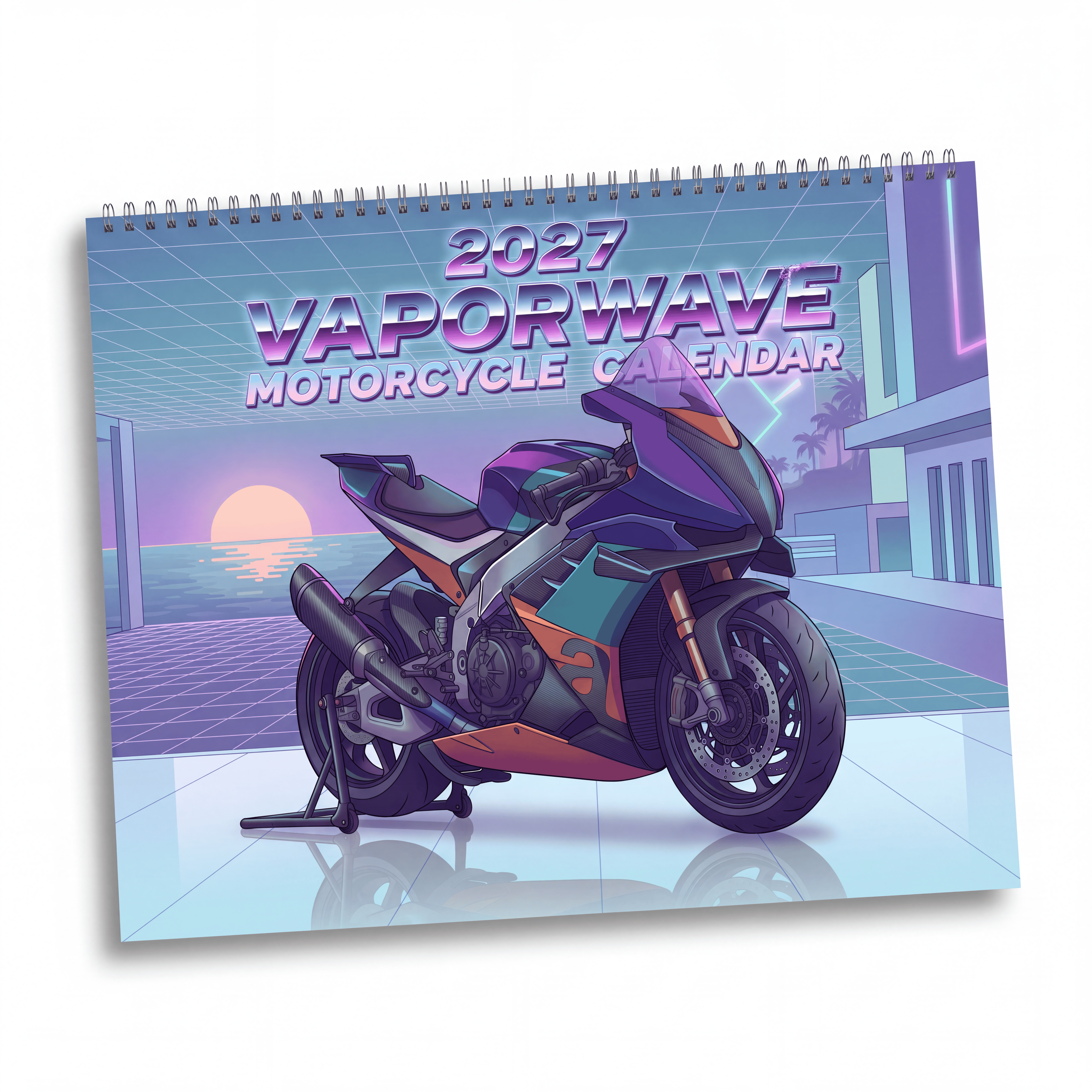 2027 Superbike Vaporwave Art Calendar – High Performance Motorcycles & Neon Street Artwork Collection