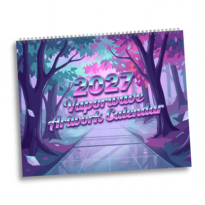 2027 vaporwave artwork wall calendar featuring a vibrant purple and pink digital forest design in retro futuristic style