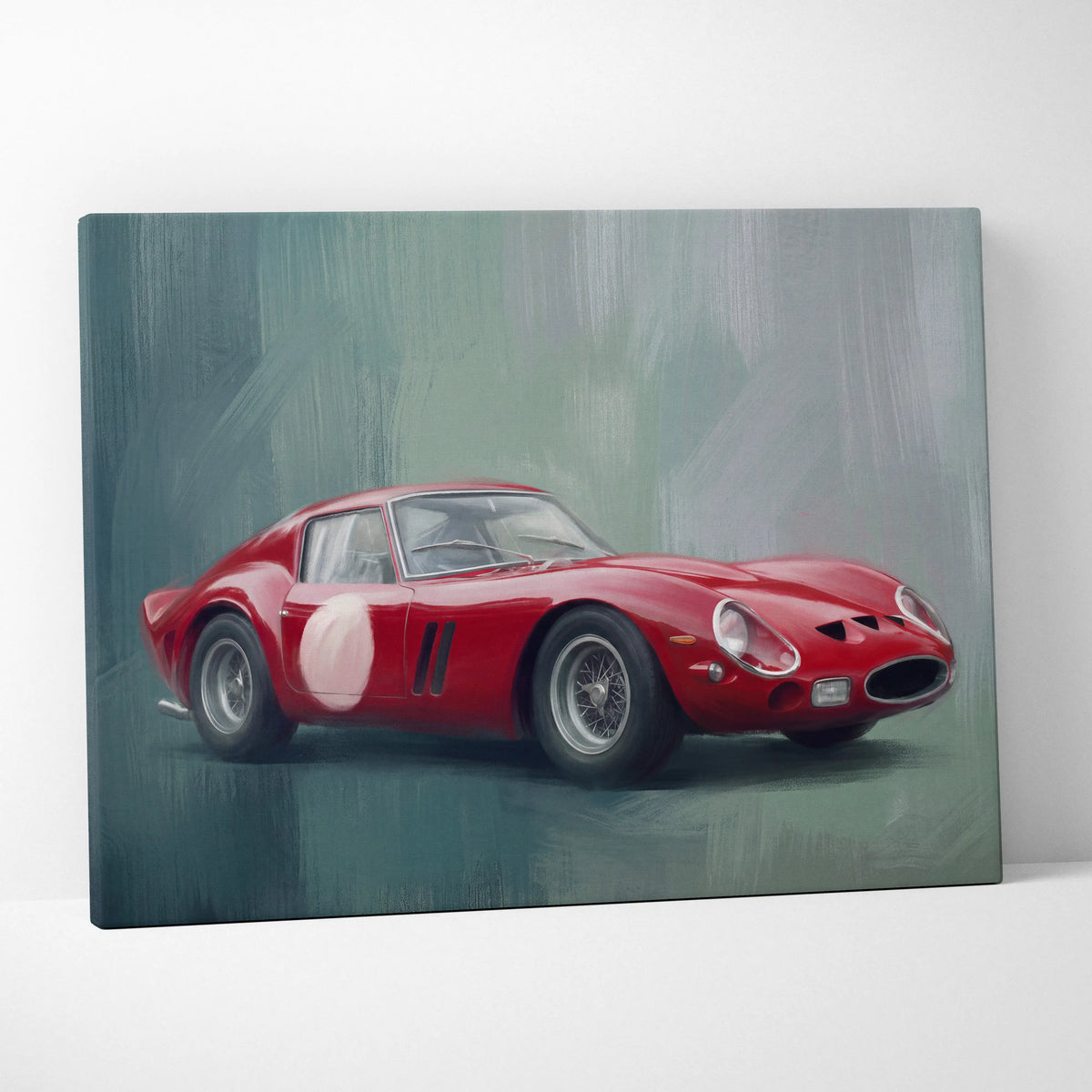 Red ferrari 250 gto canvas painting with white racing number and decals classic italian sports car wall art print