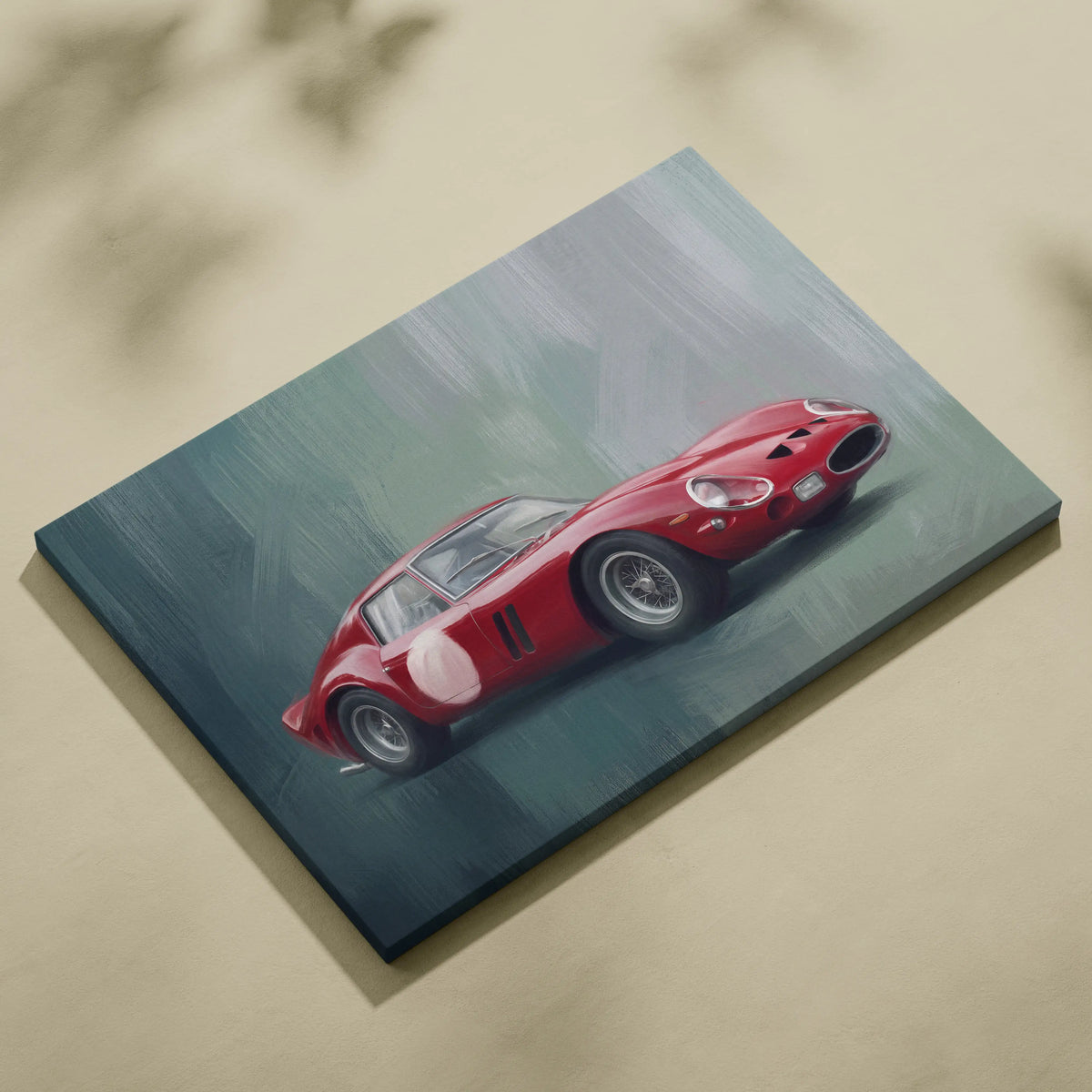 Red Ferrari 250 GTO inspired canvas painting with white racing stripes and silver wheels for automotive wall art
