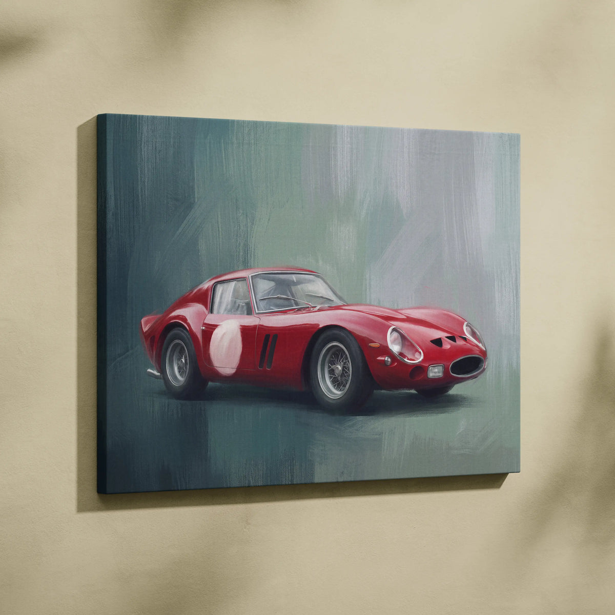 Red Ferrari 250 GTO canvas painting with white racing number and black stripes classic Italian sports car wall art print