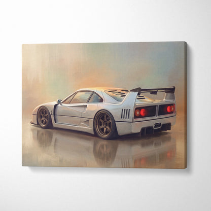 Silver Ferrari F40 inspired car wall art canvas print featuring a sleek sports car with red taillights and black racing wheels