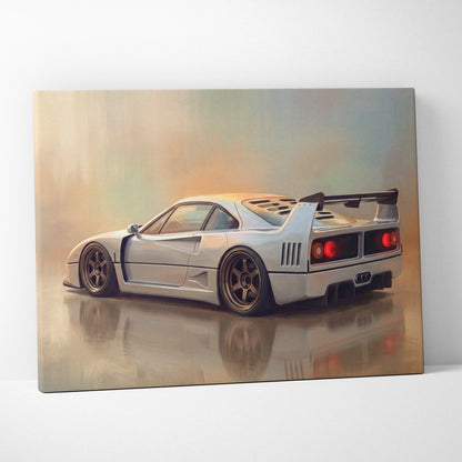 Silver Ferrari F40 inspired car wall art canvas print featuring red taillights and black racing wheels