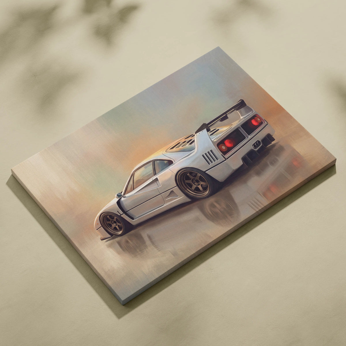 White ferrari f40 racing car canvas print with red taillights and black rims for modern supercar wall art