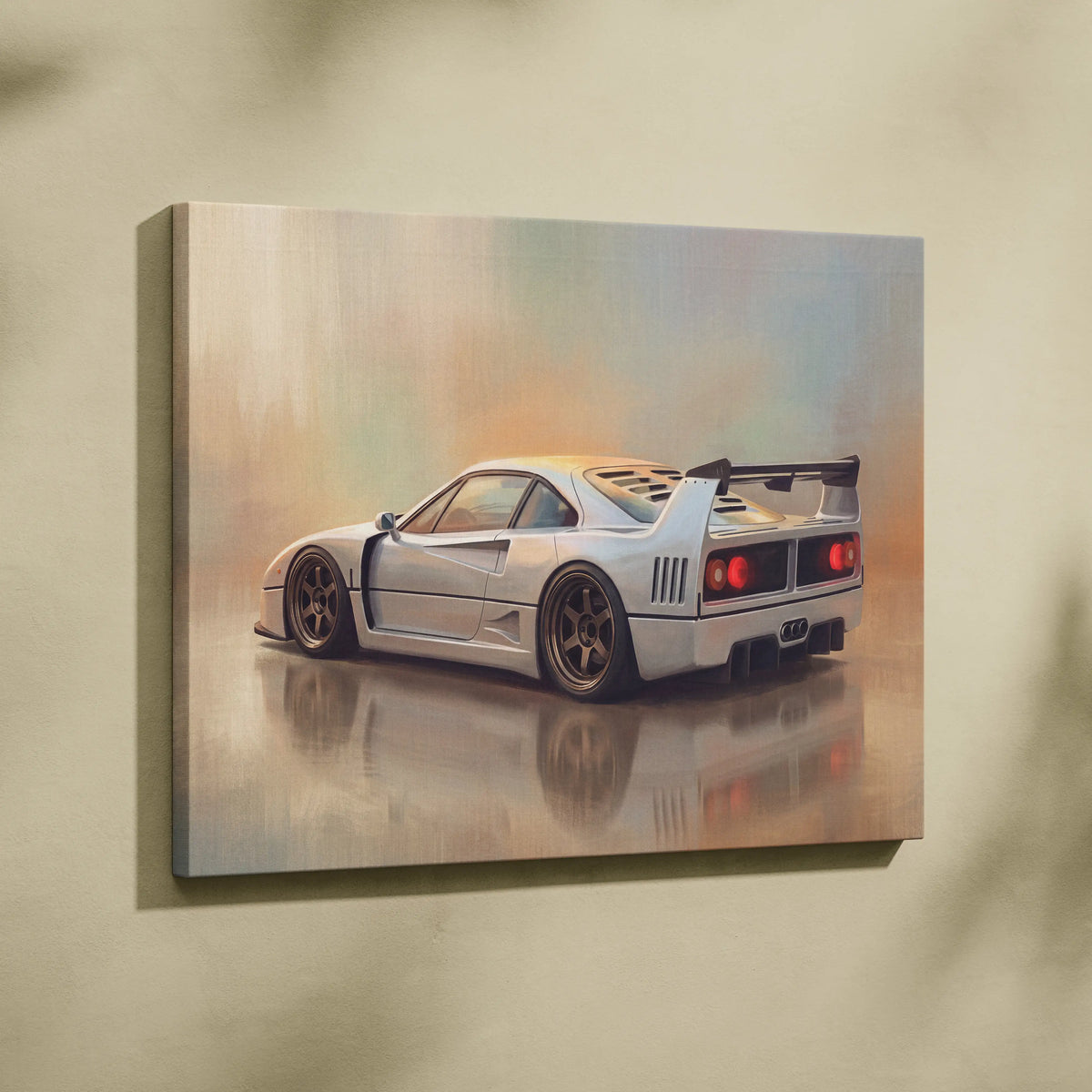 Silver Ferrari F40 inspired car wall art canvas print featuring a sleek supercar design with aerodynamic rear spoiler
