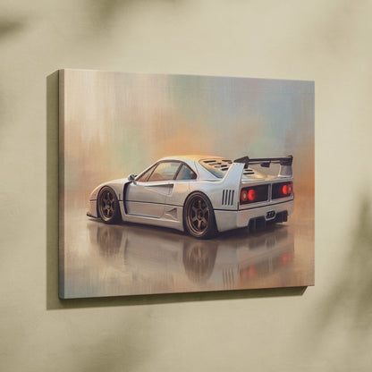 Silver Ferrari F40 inspired car wall art canvas print featuring a sleek supercar design with aerodynamic rear spoiler