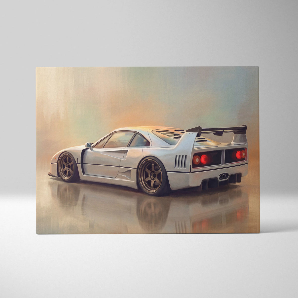 Silver f40 sports car canvas print with sleek aerodynamic design and black racing wheels for modern wall art