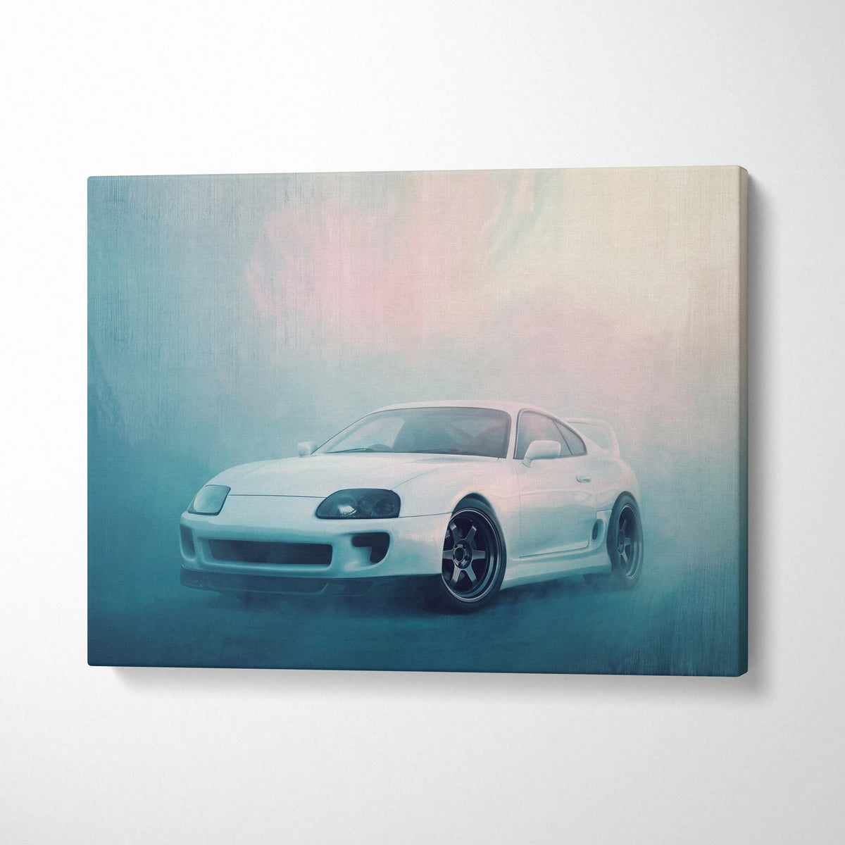 White Toyota Supra sports car canvas print with misty dreamlike background for living room wall art