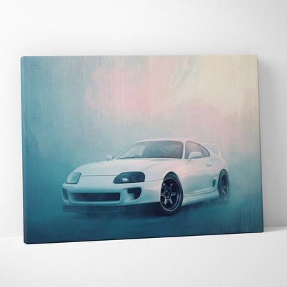 Toyota Supra inspired canvas art featuring a white sports car with sleek design and black alloy wheels for living room decor