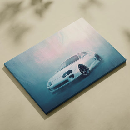 White sports car illustration on canvas with blue and pink gradient background toyota supra inspired wall art