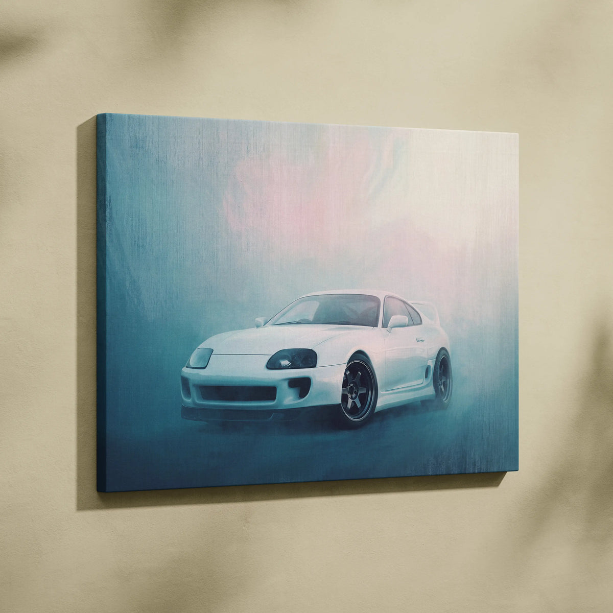 White Toyota Supra sports car canvas art with misty blue and pink background for living room wall decor