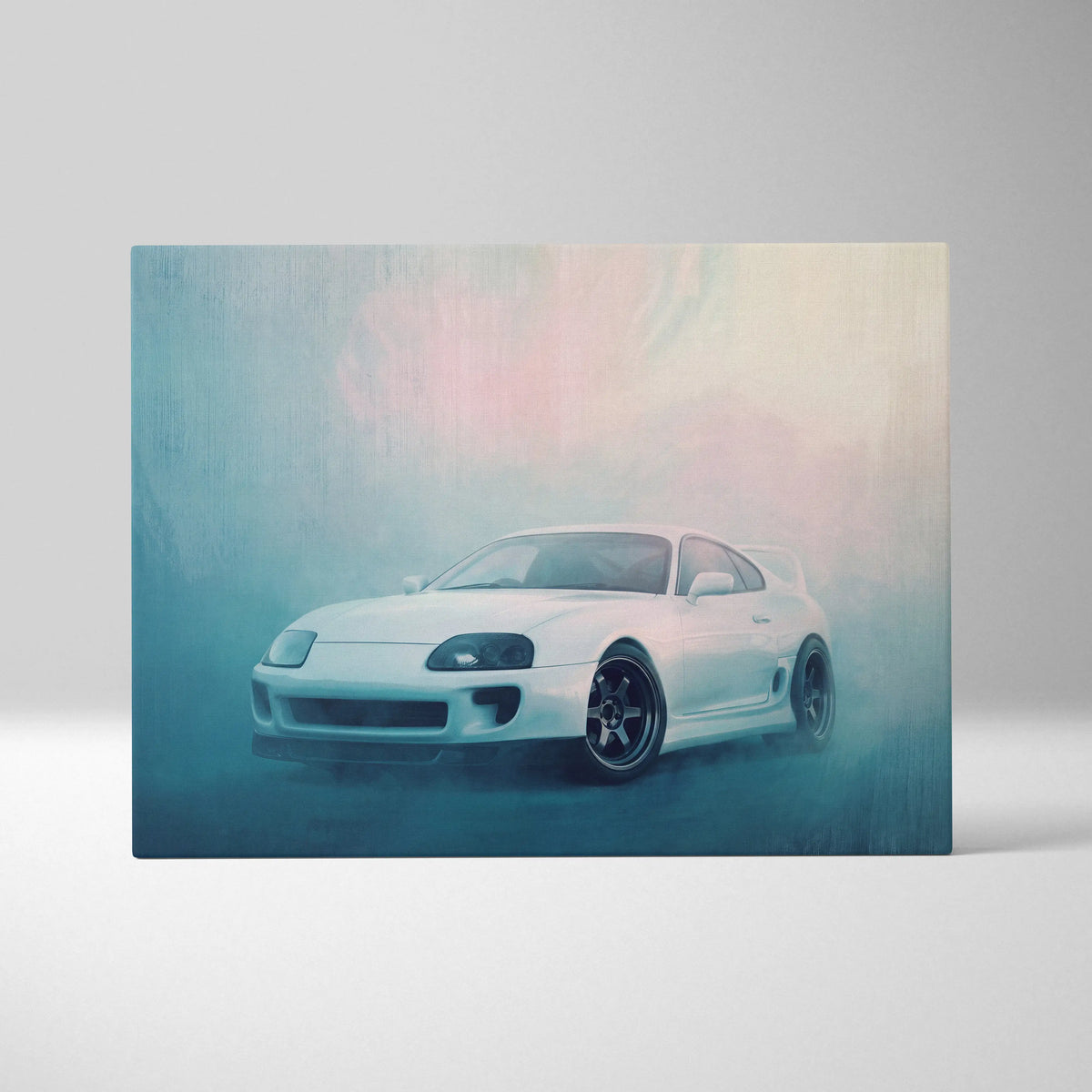 White Toyota Supra sports car in stylized misty artwork with soft pastel lighting on canvas art for living room wall decor
