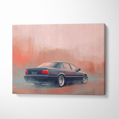 Black bmw 5 series sedan canvas wall art featuring drifting scene with orange and gray smoke for office decor