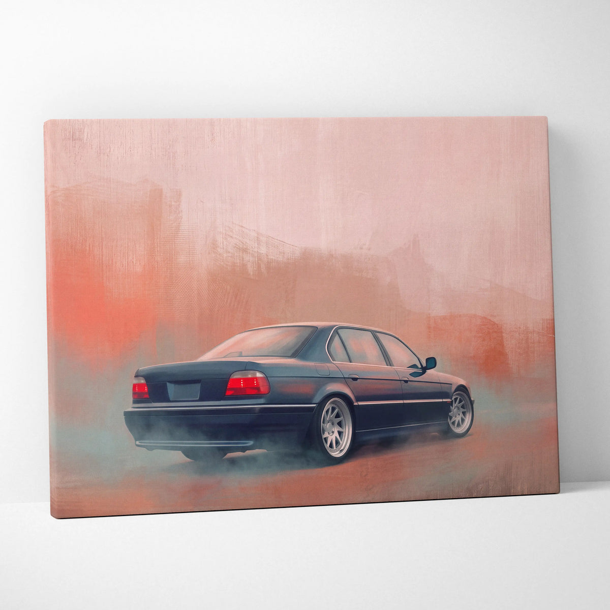 Black bmw 7 series sedan stylized painting on canvas with orange and gray smoky background for office wall art