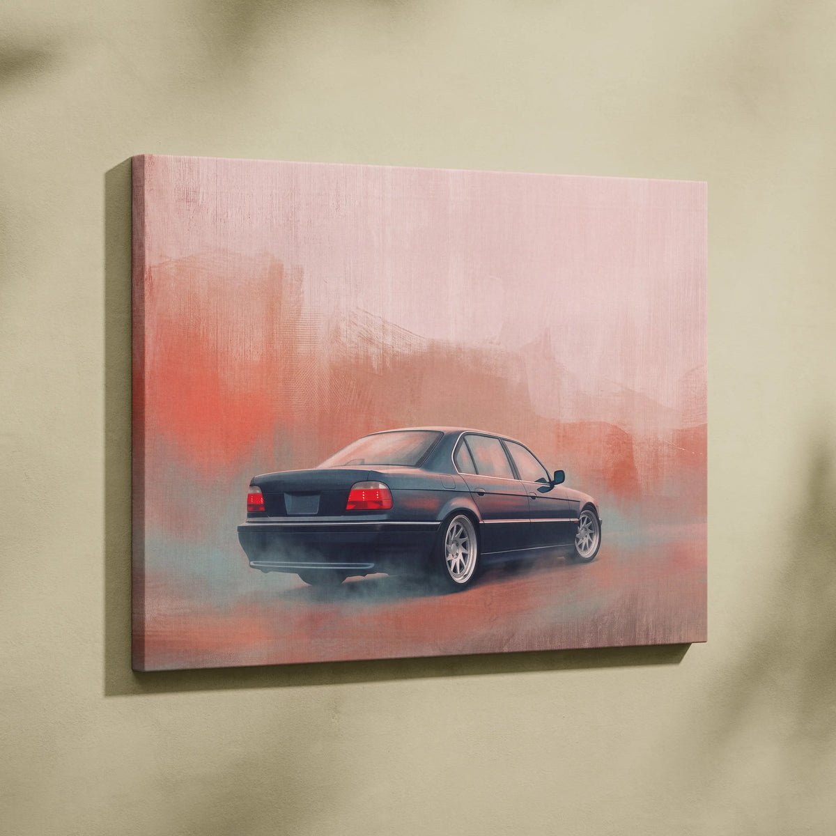 Black bmw sedan stylized canvas painting with red and pink smoky background for office wall art decor