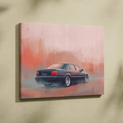 Black bmw sedan stylized canvas painting with red and pink smoky background for office wall art decor