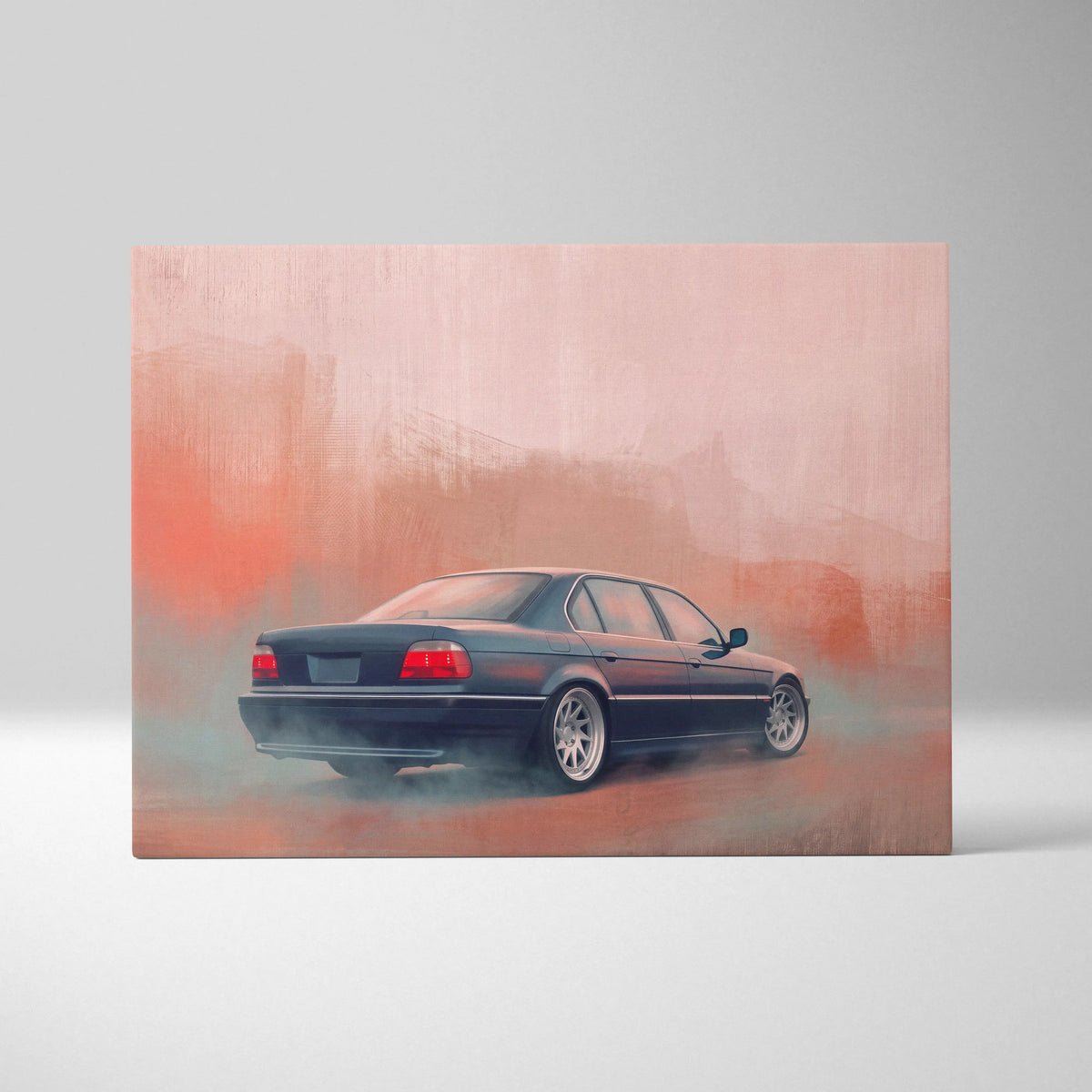 Black bmw 5 series sedan depicted in smoky orange and pink hues on a classic automotive canvas wall art for office