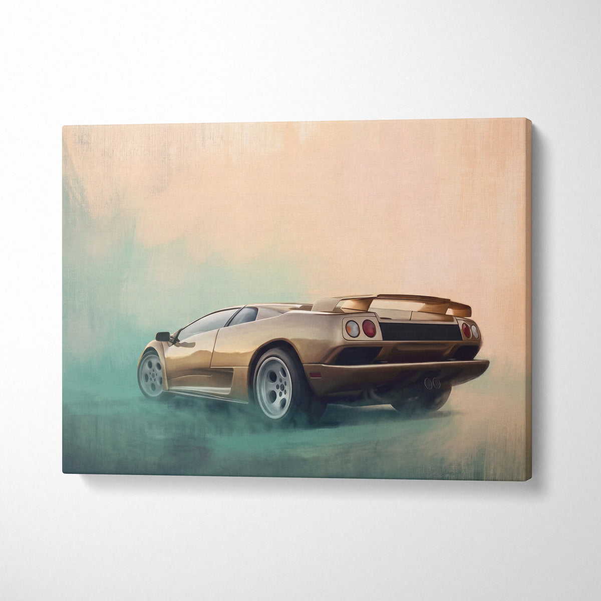 Gold-colored Lamborghini Diablo inspired sports car canvas print perfect as Italian exotic car wall art