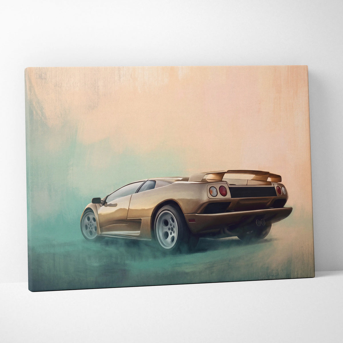 Golden Lamborghini Diablo sports car canvas print featuring Italian exotic car wall art for automotive decor