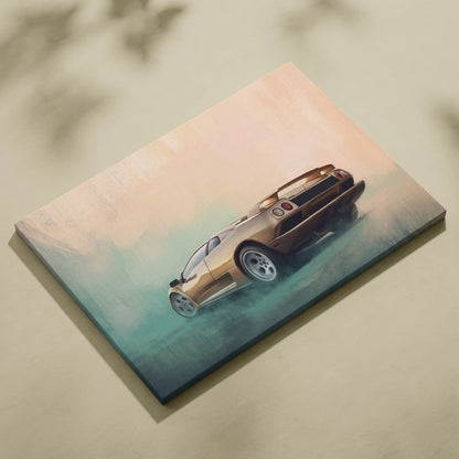 A canvas print featuring a golden Lamborghini Diablo in watercolor style for Italian exotic car wall art