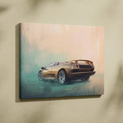 A canvas print featuring a golden Lamborghini Diablo sports car in motion on a misty gradient background wall art