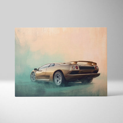 Golden lamborghini diablo sports car in stylized painterly artwork on italian exotic car canvas wall art print