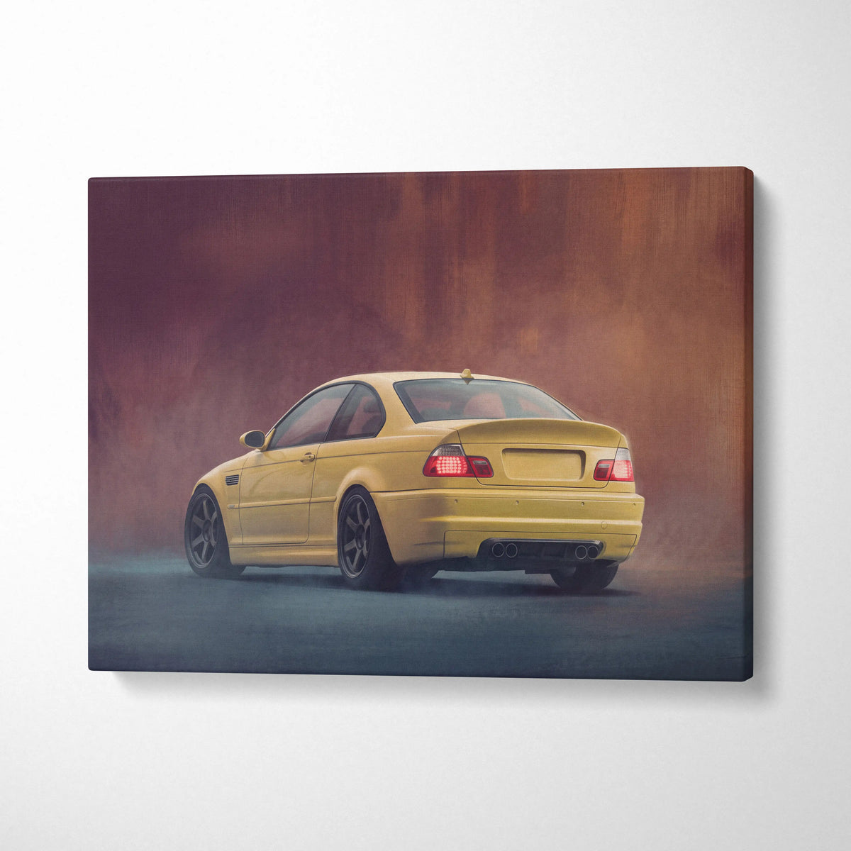 Yellow bmw e46 m3 coupe canvas print showing rear three-quarter view with black rims and dual exhausts on smoky background