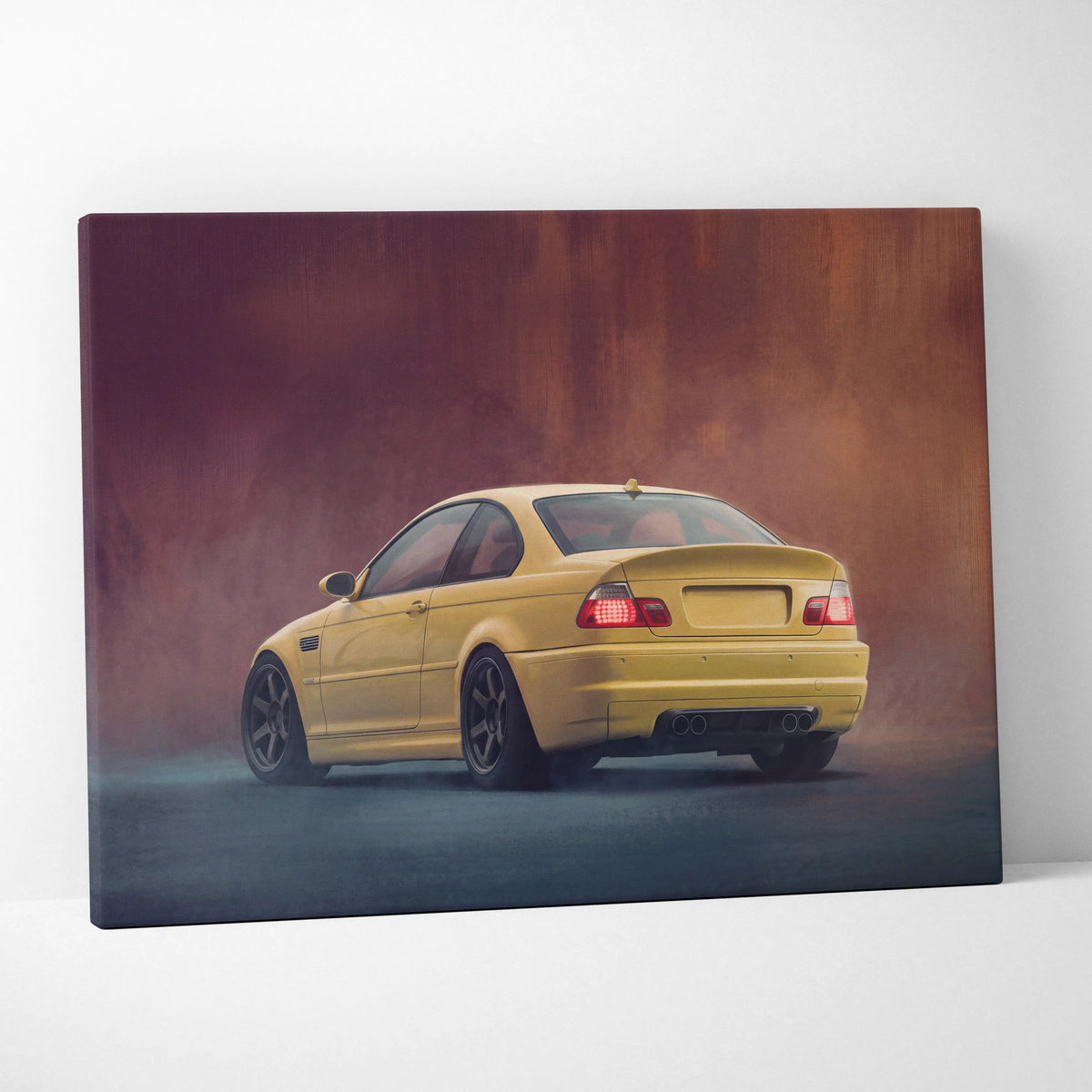 Yellow bmw e46 m3 coupe canvas print featuring a sleek sporty design with black rims and dual exhausts