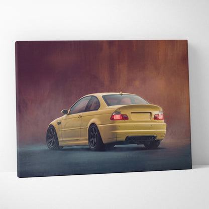 Yellow bmw e46 m3 coupe canvas print featuring a sleek sporty design with black rims and dual exhausts