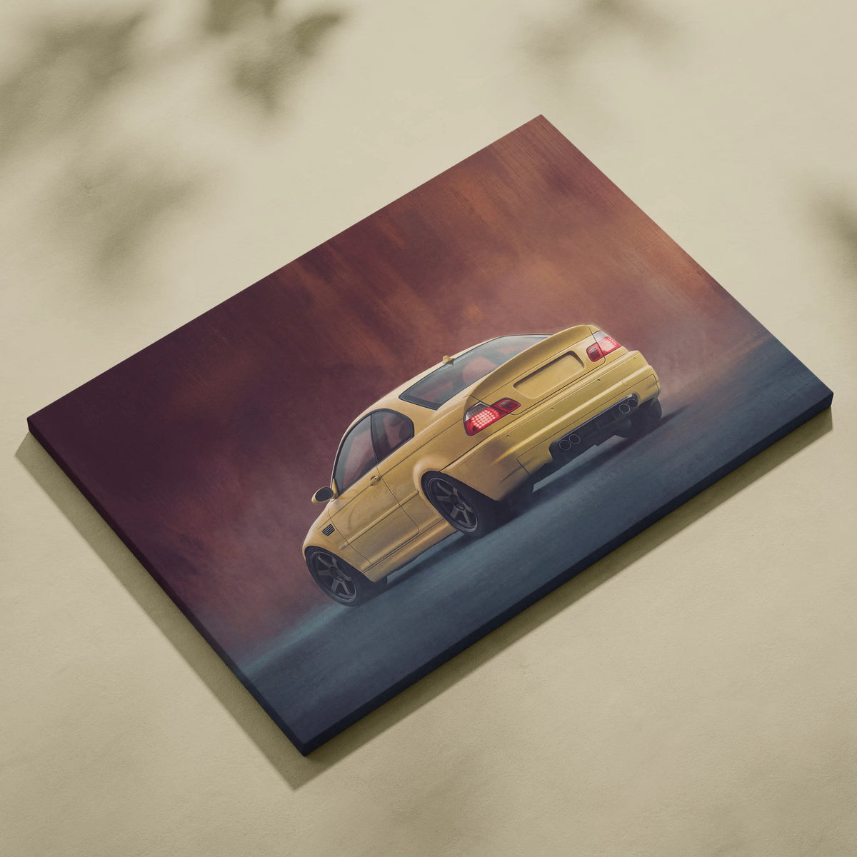 Bmw e46 m3 coupe inspired car wall art canvas print featuring a phoenix yellow sporty coupe in motion with smoky backdrop