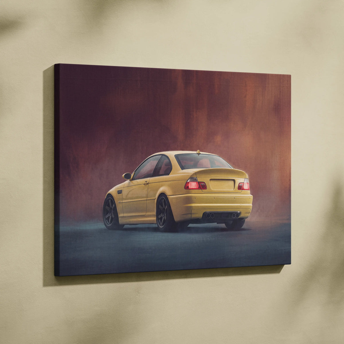 Yellow bmw e46 m3 coupe canvas print wall art featuring phoenix yellow sports car design for car enthusiasts