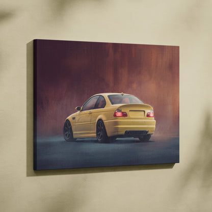 Yellow bmw e46 m3 coupe canvas print wall art featuring phoenix yellow sports car design for car enthusiasts