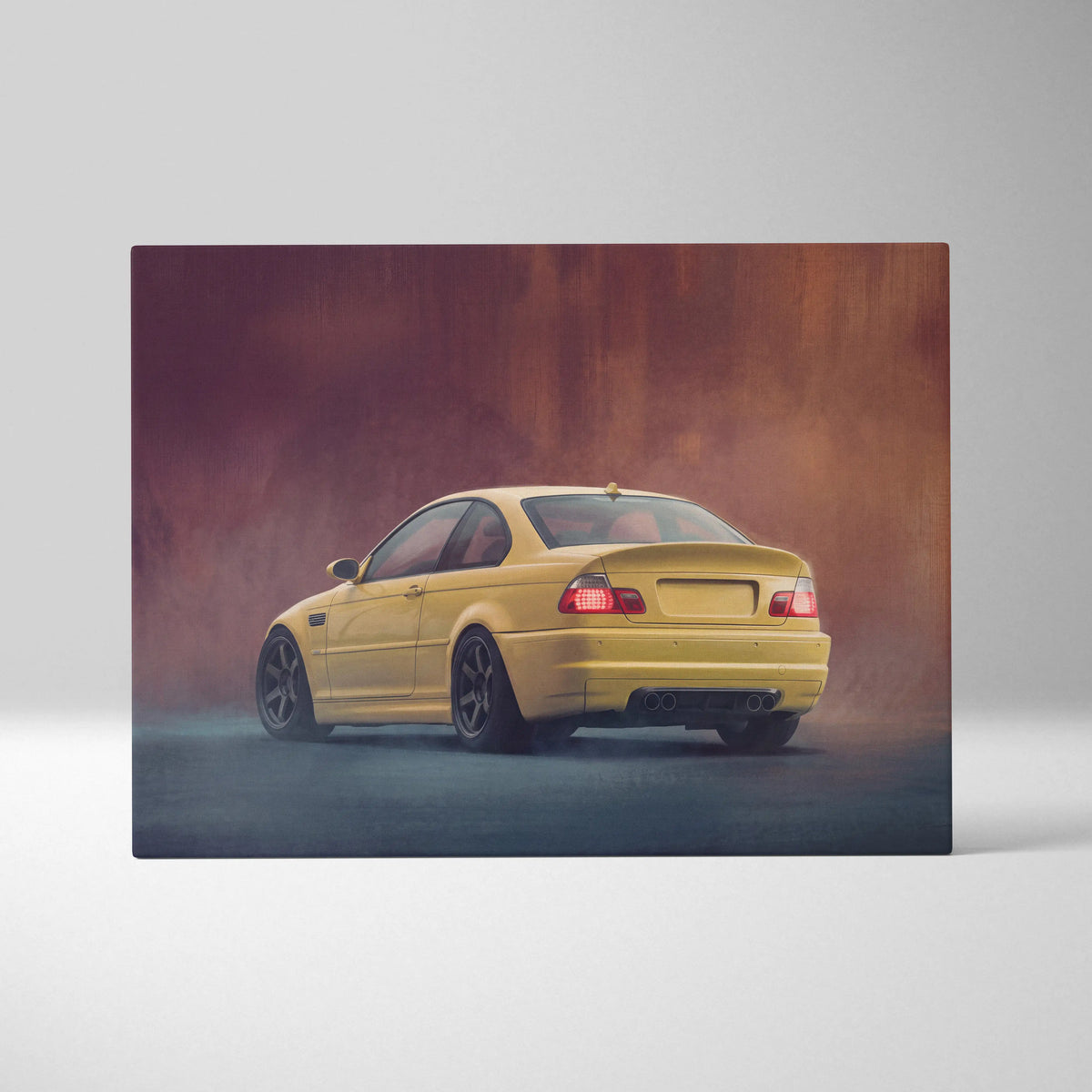 Vibrant phoenix yellow bmw e46 m3 coupe car wall art showing rear three quarter view with black alloy wheels and dual exhaust