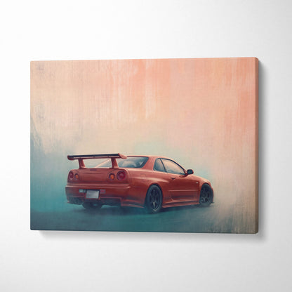 A vibrant red nissan skyline gt-r r34 twin turbo sports car smoky canvas wall art for garage decor