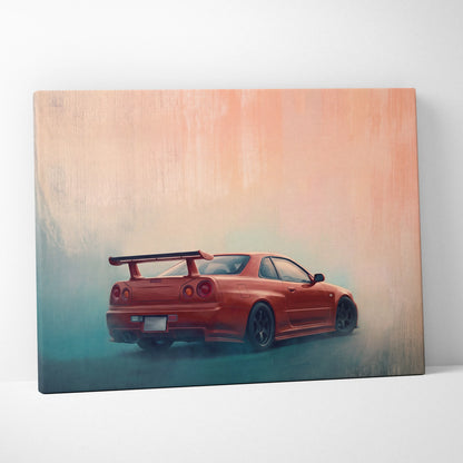 A vibrant orange Nissan Skyline GT-R R34 sports car canvas painting with rear spoiler for garage wall art