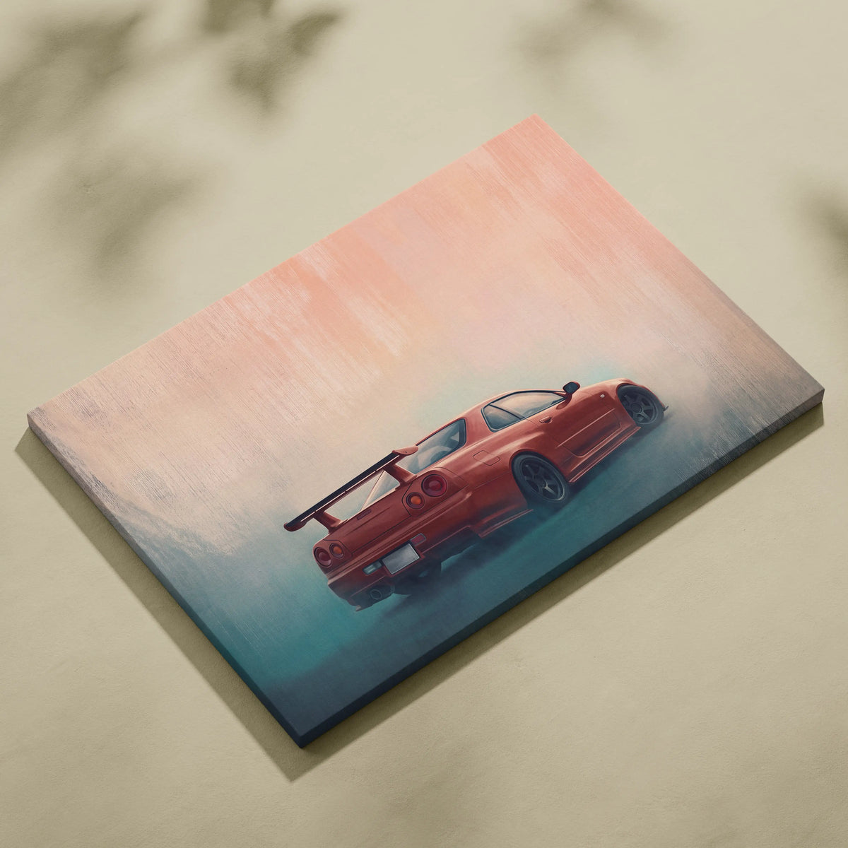 A vibrant red Nissan Skyline GT-R R34 sports car on a twin turbo racing canvas painting with a gradient sky background