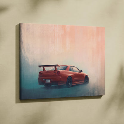 A vibrant red nissan skyline gt-r r34 twin turbo sports car stylized painting on canvas wall art with peach teal background