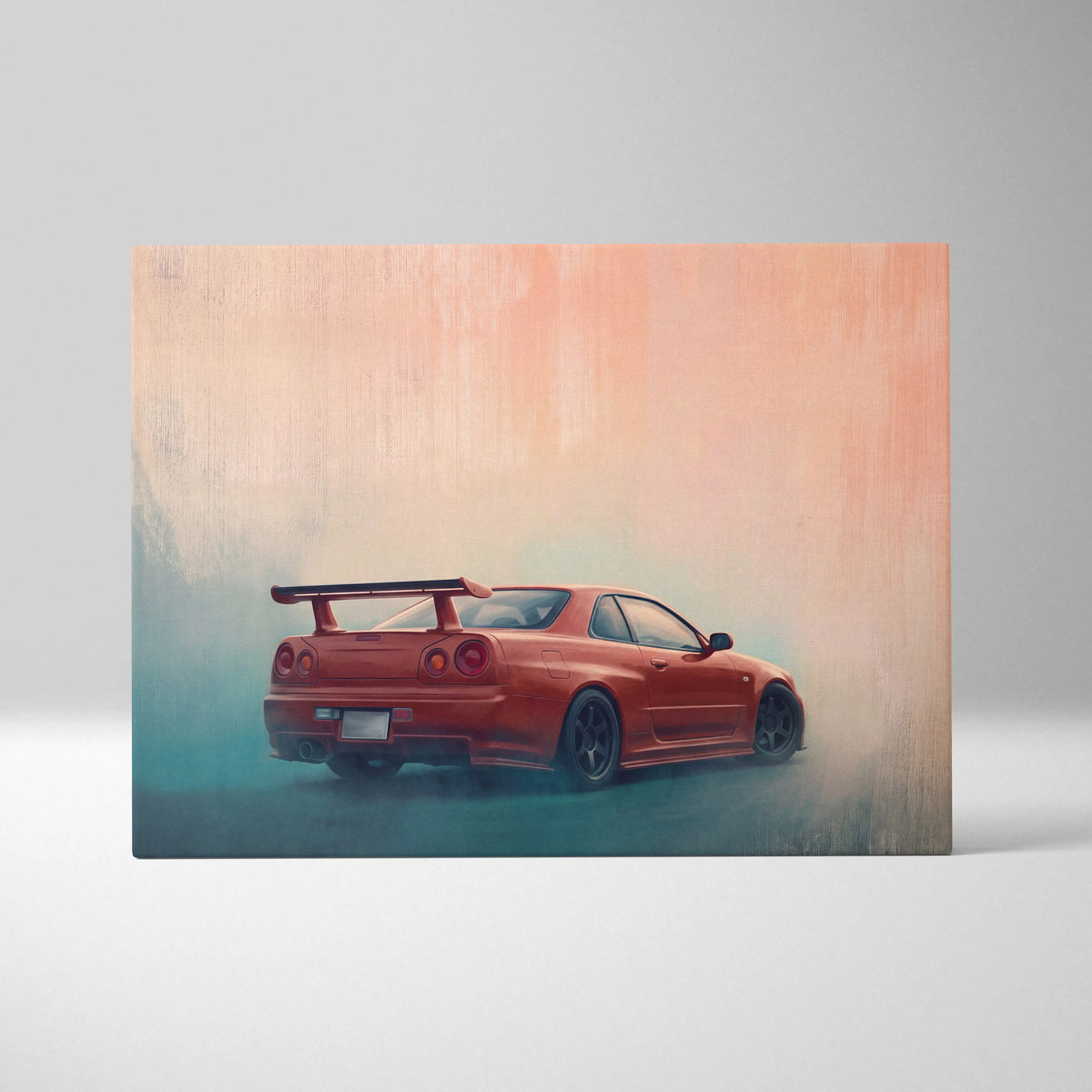 A vibrant red nissan skyline gt-r r34 twin turbo sports car depicted in stylized canvas wall art for garage decor