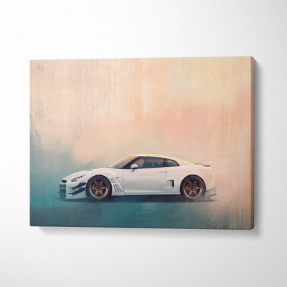 Nissan GT-R inspired canvas wall art featuring a white widebody sports car with bronze wheels and smoky background
